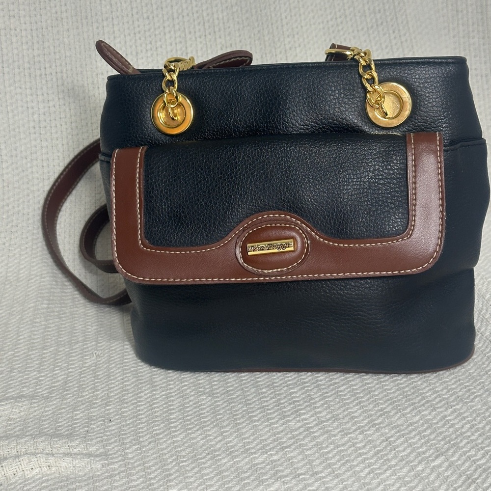 Elegant Black and Brown Shoulder Bag with Gold Chains